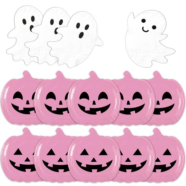 OGMOGKW Halloween Plates and Napkins,60pcs Pink Pumpkin Plates and Ghost Napkins Tableware Includes Cute Grimace Paper Plates and Spooky Napkins for Kids Birthday Pink Halloween Party Decorations