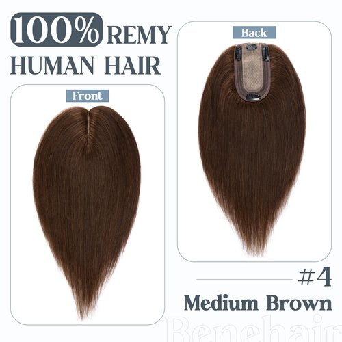 Benehair Human Hair Toppers for Women 100% Remy Human Hair 150% Density No Bangs Hair Topper 7 * 13 CM Silk Base Clip in Hair Pieces for Women 10 Inch #4 Medium Brown