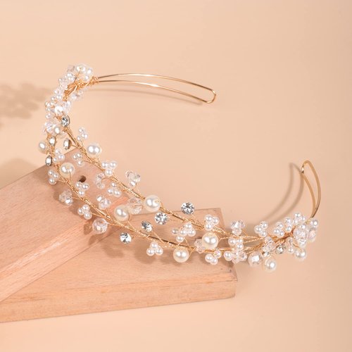Xerling Gold Crystal Tiara Pearl Rhinestone Headband for Girls Layered Hair Band Bride Wedding Floral Hair Accessory Bridal Jewelry (Gold)