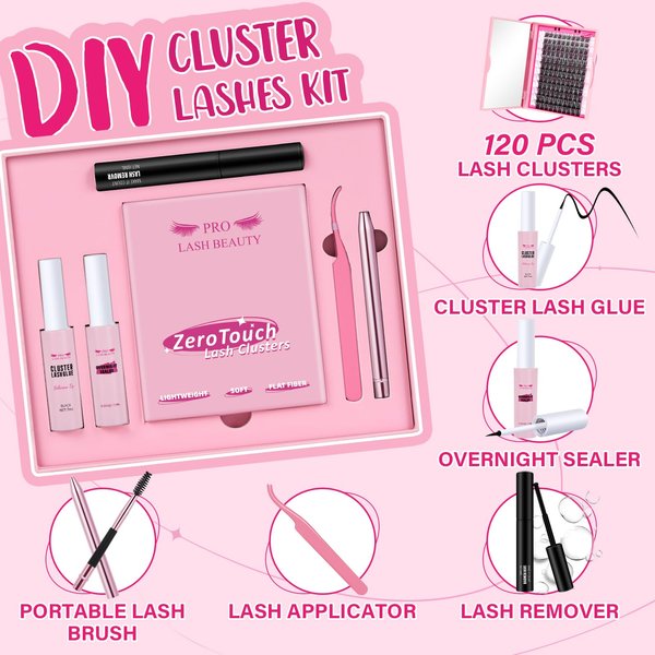 DIY Lash Extension Kit Cluster Lashes Kit with 120 Pcs Lash Clusters Lash Bond Overnighter Remover Eyelash Applicator Beginner DIY Lashes Kit Easy to Use(DIY Lash Kit-Tufted)