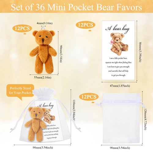 Zhanmai Set of 12 Mini Plush Bears Little Pocket Bears Sympathy Gift for Kids Inspirational Bear Hug Gift Card Party Favors White Organza Bags(Cute Style, 8-9 cm)