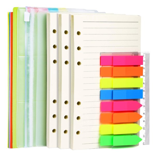 LEOBRO A6 Refill Paper, 3 Pack 45PCS A6 6 Ring Loose Leaf Paper, 320PCS Neon Page Markers, with Binder Pockets Dividers, A6 Lined Paper Refills for A6 Binder Planner Notebook Journal, 6.73"x3.74"