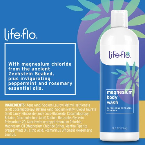 LIFE-FLO Magnesium Body Wash, Refreshing, Moisturizing Liquid Soap with Magnesium Chloride from the Zechstein Seabed, Peppermint Oil and Rosemary Oil, 60-Day Guarantee, Not Tested on Animals, 16oz