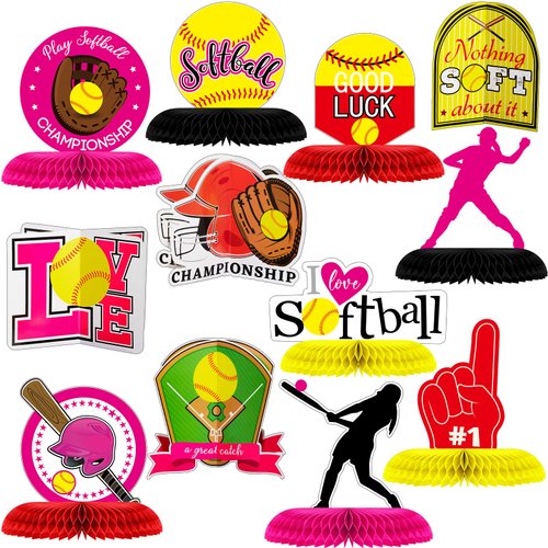 Chinco 12 Pcs Softball Party Decorations Softball Honeycomb Centerpieces Tables Centerpieces for Softball Birthday Party Decorations Table Toppers Sports Themed Table Toppers