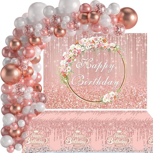 Floral Happy Birthday Decorations Women, 125PCS Rose Gold Flower Birthday Party Supplies Including Happy Birthday Backdrop, Balloon Arch/Garland Kit, Birthday Tabblecloth for Girls