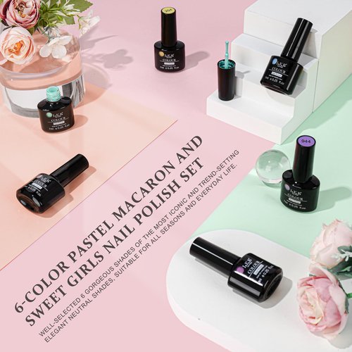 LKE Pastel Gel Nail Polish Kit Spring Easter Gel Polish Set 6 Color Red Pink Purple Blue Green Bright Yellow Gel Polish Soak Off U V Led Gel Nail Art Manicure Kit for Girls Women