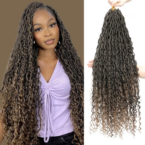 30" Boho Goddess Locs Crochet Hair 8 Packs Omber River Faux Locs Crochet Hair Curly Faux Locs Crochet Hair with Curly Ends Boho Style Synthetic Hair Extensions (30" 8Packs 1B/27#)