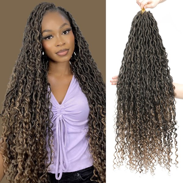 30" Boho Goddess Locs Crochet Hair 8 Packs Omber River Faux Locs Crochet Hair Curly Faux Locs Crochet Hair with Curly Ends Boho Style Synthetic Hair Extensions (30" 8Packs 1B/27#)