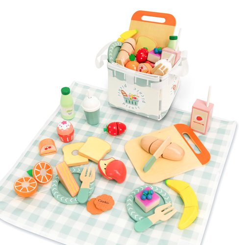 Masonbaby Picnic Playset - Wooden Play Food - Play Food Sets for Kids Kitchen - Pretend Food, Toy Food with Multifunctional Storage Bag, Non-Toxic Toy Picnic Set Best Gift for 3+ Toddlers
