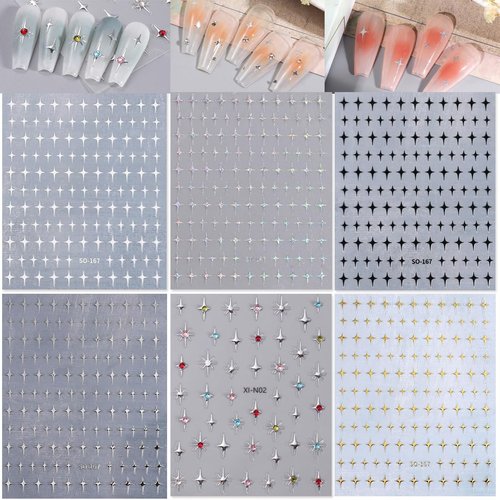 6 Sheets Star Nail Stickers for Nail Art, 3D Glitter Shiny Gold Silver White Black Stars Nail Art Design Decals Self-Adhesive Star Stickers DIY Nail Decals Nail Tips for Manicure Decoration Supplies