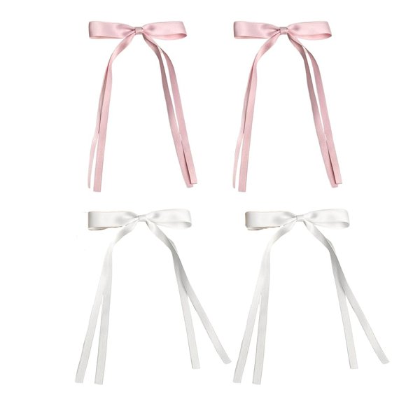 E EMZHOLE Hair Clips for Women Girls,4pcs Tassel Ribbon Bowknot Hair Clips with Long Tail, Solid Hair Clips Long Hair Accessories Barrettes Claw Hair Clips with Bow for Women Girls (A)