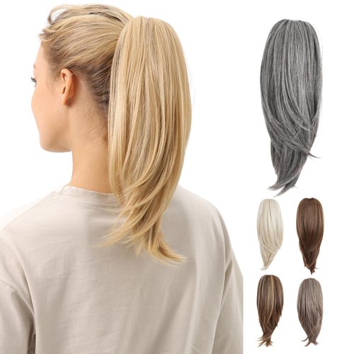 JUVABUN Straight ponytail 15''-Salt And Pepper|Claw Clip In Ponytail Hair Extensions | Synthetic clips pony tails hair extensions |Hair Extensions for Women|Straight ponytail extension real human hair