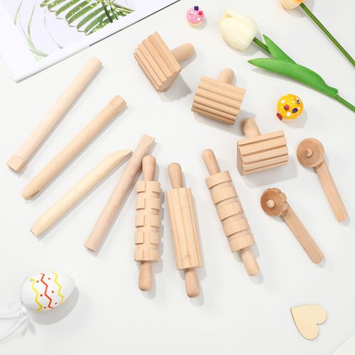 Kisangel 12pcs Wooden Dough Tools Clay Pattern Rolling Pin Set Dough Molding Shaping Tool for Toddler Kids Art Craft Activity Supplies