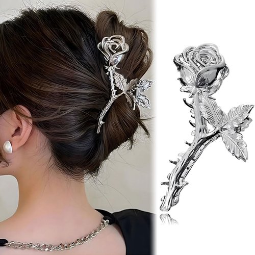 Flower Hair Claw Clips, 1pcs Rose Metal Hair Claw Clips for Thick Thin Hair Accessories, Silver M...