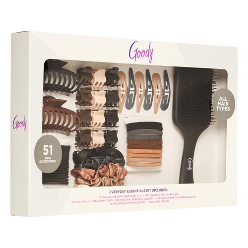 Goody Hair Accessories Kit, Everyday Essentials for Women - Ouchless Damage-free Hair Ties, SlideProof Claw Clips, Snap Clips, Scrunchies, Tanglefix Hair Brush, 51 PC Neutral Color Set, All Hair Types