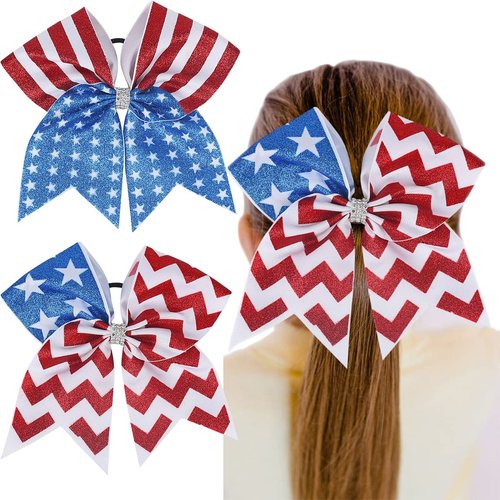 2PCS 8 Inch Patriotic Cheer Hair Bow Ties with Elastic American Flag Glitter Ribbon Cheer Hair Bo...
