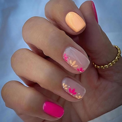 Press on Nails Short Square SWEKKE Summer Fake Nails Pink&Yellow Full Cover Flower False Nails with Designs Bright Pink Glossy Glue on Nails Acrylic Nails Artificial Nails for Women Girls 24 Pcs