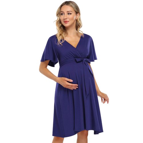 Coolmee Women's Wrap Maternity Dress Empire Waist Knee Length Midi Dress with Belt Baby Shower or Casual Wear Navy M