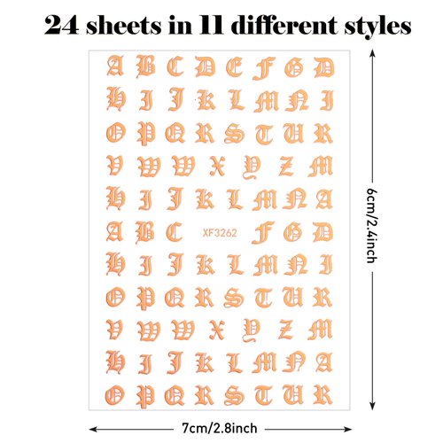 Maitys 24 Sheets Old English Nail Sticker 3D Holographic Letter Nail Stickers Nail Letter Stickers Old English Alphabet Nail Decals for DIY Women Nail Decoration(Classic Colors)
