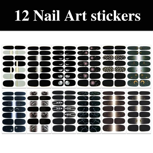 WOKOTO 12 Sheets 168 Pieces Black Nail Polish Stickers Full Nail Wraps for Women Nails Black Gradient Marble Design Gel Nail Strips Stick On Nail Polish Strips Full Nail Stickers Gel Nail Wraps