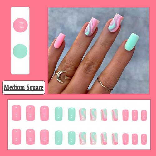 BAOYAALIN Press on Nails Medium Square Pink Fashion Fake Nails with Simple Waves Design Full Cover Press ons Artificial Acrylic False Stick on Nail for Women Girls Daily Wear Wedding Manicure 24Pcs