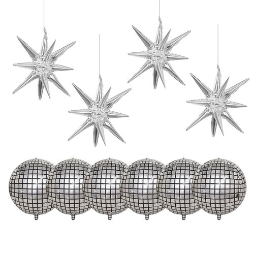 10 Pcs Disco Ball Balloons 6 Pcs Disco Party Balloons 4 Pcs Star Balloons 22 Inches Silver Disco Ball Balloons Metallic 4D Foil Silver Balloons for 70s 80s 90s Disco Party Supplies Decorations