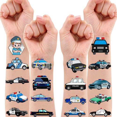 107 PCS Police Car Temporary Tattoos Themed Birthday Party Decorations Favors Supplies Décor Cute Cop Officer Policeman Blue Tattoo Stickers Gifts For Boys Girls Class Prizes Rewards Cartoon Carnival