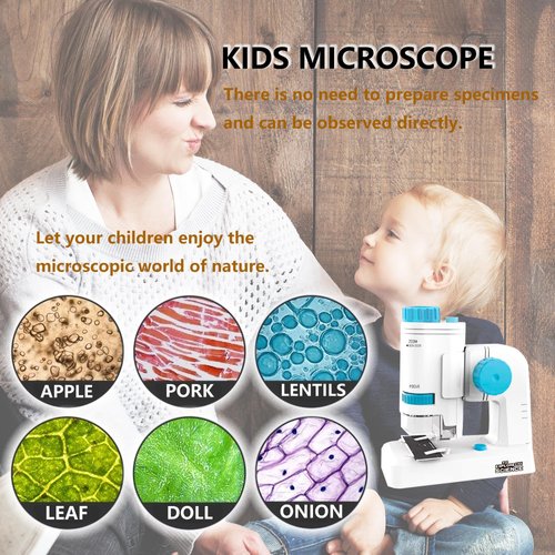 ARTFILIF Pocket Microscope for Kids 200x Hand Held Microscope Biological Microscope Science Educational Microscope with LED Lights Educational Toys Science Toys (with Light Base, Blue)