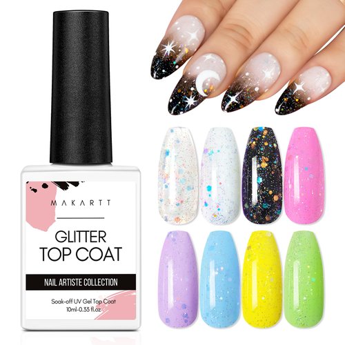 Makartt 10ML Glitter Top Coat Gel Nail Polish, No Wipe Clear Long Lasting High Shine Glossy Chip-Free Soak Off By Acetone UV/LED Gel Top Coat for Acrylic, Natural Nails, for Nail Art French Manicure
