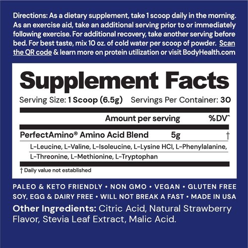 BodyHealth PerfectAmino Powder - BCAA and EAA Powder for Pre and Post Workout - Amino Acid Energy Drink Powder for Men and Women to Support Lean Muscle and Recovery - Strawberry - 30 Servings