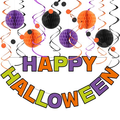 LITAUS, Halloween Party Decorations, NO DIY - Pack of 16 | Happy Halloween Banner, Honeycomb Balls, Halloween Streamers, Garland for Happy Halloween Decorations