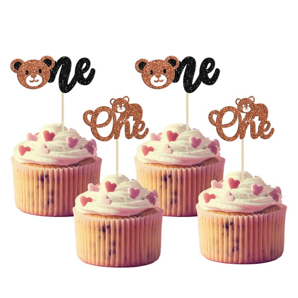 Gyufise 24Pcs Bear Cupcake Toppers Glitter Bear One Cupcake Picks First Birthday Cake Decorations for Gender Reveal Bear Theme Baby Shower Kids Birthday Party Supplies