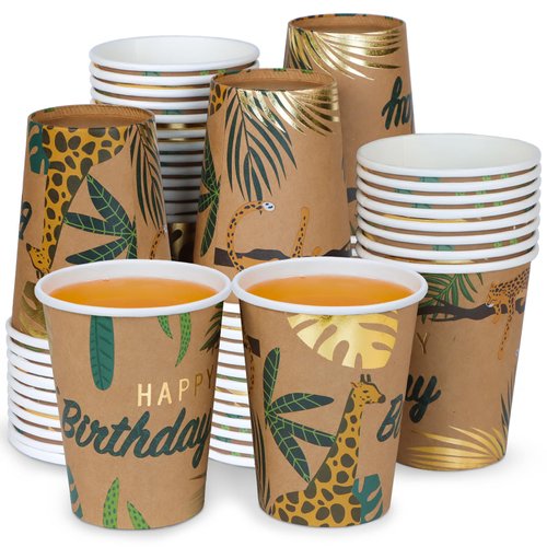 DYLIVeS Animal Birthday Paper Cups, Jungle Safari Disposable Cups Zoo Wild Woodland Summer Tropical Cups Brown and Gold Foil Drink Cups Kids Party Cups for Birthday Party Supplies, 9 OZ, 50 Count