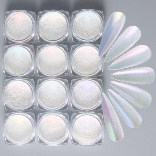 Hcirjhie12 Colors Pearl Chrome Nail Powder - Aurora Ice Shimmer Nail Powder Chrome Pigment Powder for Nails, Gifts for Women Mirror Effect Glitters Nail Art Powder for DIY Salon