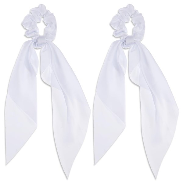 Mabor 2 Pcs Knotted Bow Satin Hair Scrunchie Hair Tie with Bow Hair Scarf with Tail Hair Scrunchies Elastic Hair Scarf Ponytail Holder for Women and Girls,White