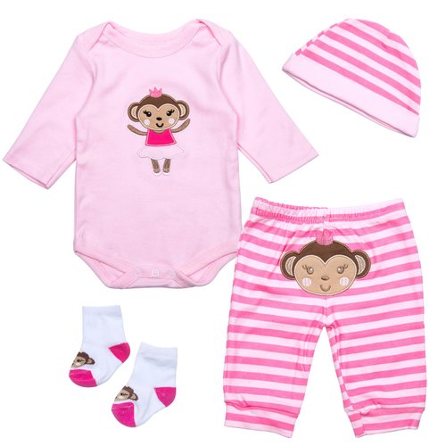 Reborn Baby Doll Clothes for 20- 22 inch Reborn Doll Girl Pink Monkey Outfit Accessories 4 Pieces