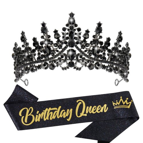 VELSCRUN Birthday Queen Tiara Crowns for Women Girls Black Crystal Birthday Queen Headband Sash Elegant Princess Crown Happy Birthday Party Decorations Mom Sisters Birthday Gift Hair Accessories