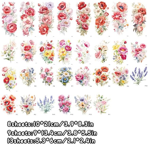 JoyfulGlam Temporary Tattoos for Women - 30 Sheets Realistic Watercolor Floral Fake Tattoos Durable, Semi Permanent Tattoo Stickers Adult Fashionable Body Art for Parties & Styling Accessories