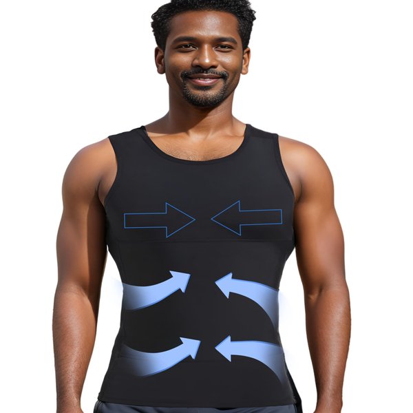 Henicepte Men Slimming Tummy Control Chest Compression Hide Gynecomastia Undershirt Shapewear Black