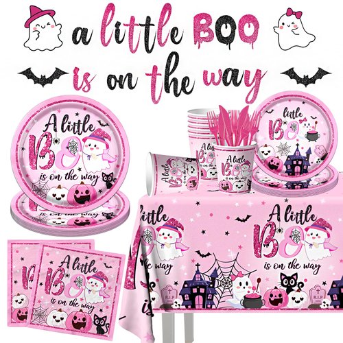 GREHUMOR 142pcs A Little Boo is On The Way Tableware Decorations Little Boo Pastel Pink Halloween Baby Shower Supplies Disposable Plates,Tablecloth,Napkins,Cups,Forks and Knives for Girl