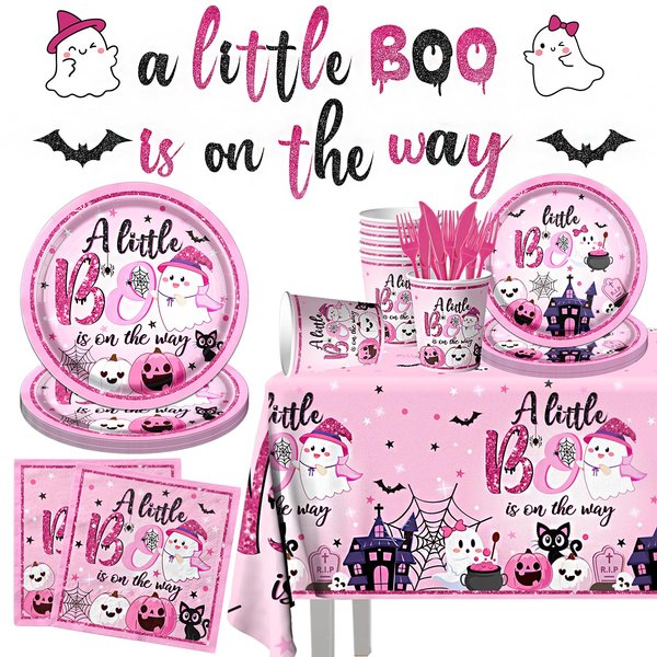 GREHUMOR 142pcs A Little Boo is On The Way Tableware Decorations Little Boo Pastel Pink Halloween Baby Shower Supplies Disposable Plates,Tablecloth,Napkins,Cups,Forks and Knives for Girl