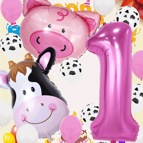 InBy 18pcs Farm Animal Balloons for 1st Birthday Party Decorations Pig Cow Head First Farm Animal Theme Balloon Garland Arch 40" Number 1 Foil Balloon 12" Latex Balloon Baby Girl Shower Party Supplies