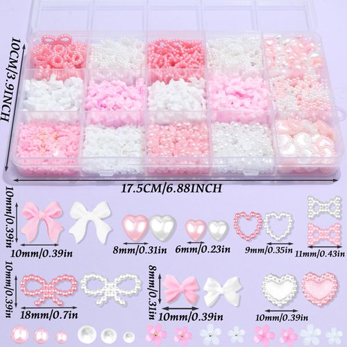 RODAKY Bow Nail Charms 1000PCS Pink&White 3D Bow Nail Charms Multi Shape Nail Decoration Flatback Pearl Beads Flower Charms Nail Accessories with Tweezer Pickup Pencil