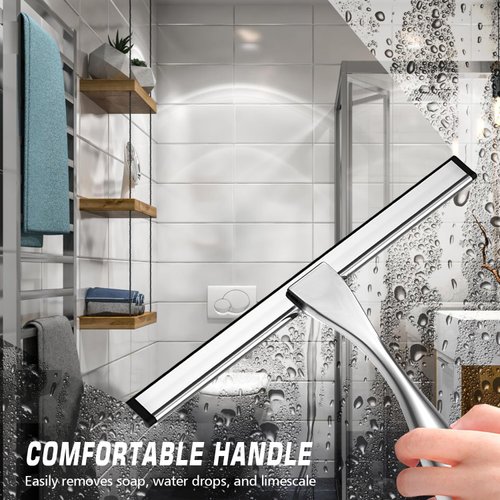 OVSGTTZ Shower Squeegee for Glass Door with 3 Adhesive Hook, Stainless Steel Glass Cleaning Squeegee for Bathroom & Household Window, Mirrors, Tiles and Car, 10 Inches, Clear, Silver