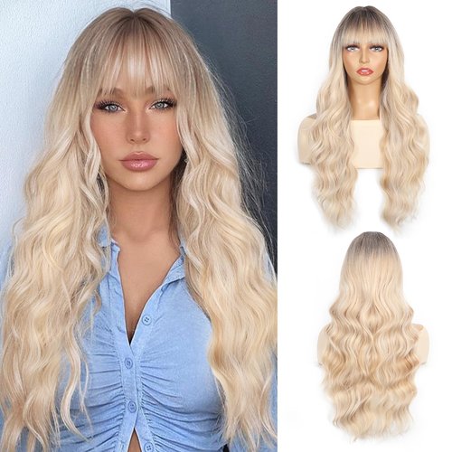 AKTSNYMPH Ombre Blonde Wig with Bangs,Long Curly Wigs for Women,Real Natural Looking Synthetic Fiber Wavy Hair Wig for Daily Holiday Party Cosplay Use 26IN