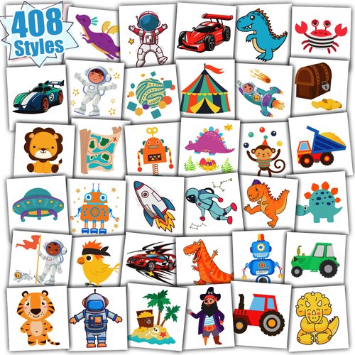 Partywind 408 Styles Kids Temporary Tattoos for Boys Party Supplies, Fake Tattoo Stickers for Birthday Party Favors Decorations, Goodie Bag Stuffers for Children (Individually Wrapped Cut)