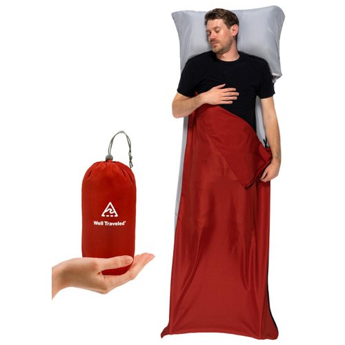 WELL TRAVELED Sleeping Bag Liner, Lightweight Adult Sleeping Sheet for Hiking, Backpacking and Camping, Easily Removable and Washable, Silky Smooth Fabric, Simple to Stuff Sack (Red (Left Zipper))