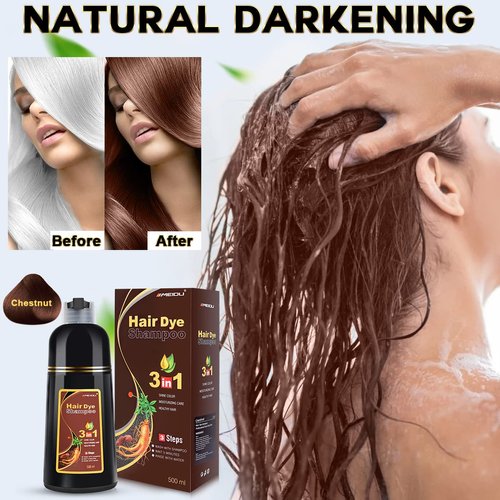 IIIMEIDU Chestnut Hair Dye Shampoo 3 in 1 for Women Men, Herbal Ingredients ColorShampoo in Minutes 500ML