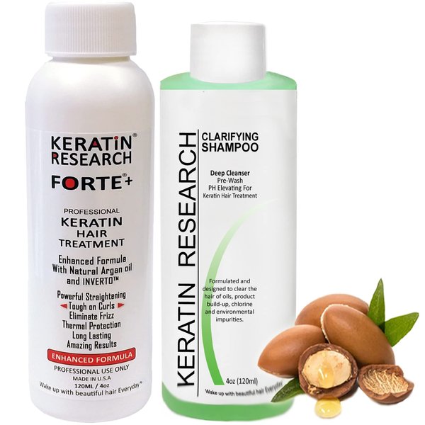 KERATIN RESEARCH Brazilian Keratin Hair Treatment Complex Blowout 2x 120ml LONG Lasting Keratin Treatment with Argan Oil Straightening Smoothing Professional Results Keratina (FORTE)