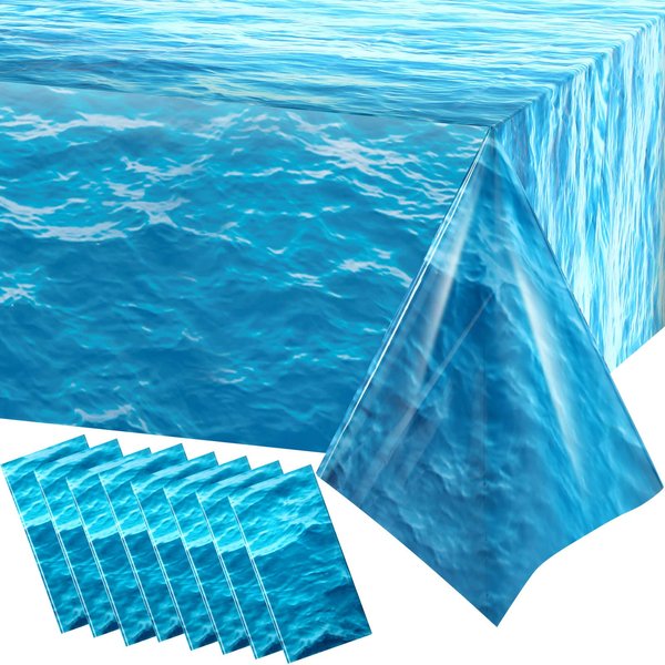 Irenare 8 Pieces Ocean Waves Plastic Tablecloth Ocean Table Cover Water Print Table Cover Ocean Sea Tablecloth Blue for Beach Pool Birthday Party Decoration Shower Supplies (54 x 108 Inch)